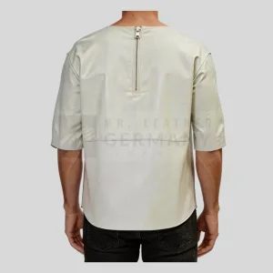 white leather t-shirt tunic collar detail
