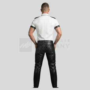 quilted leather pants and white military shirt detail