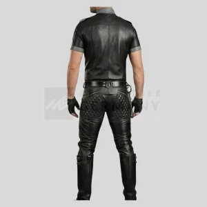 gray piping military leather shirt detail