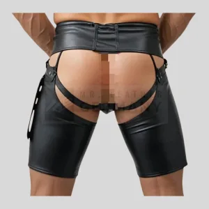 open front leather shorts detail