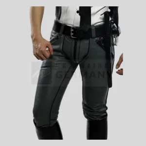black piping detail gray leather pants