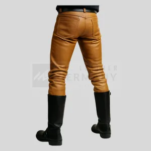 five‑pocket leather jeans detail