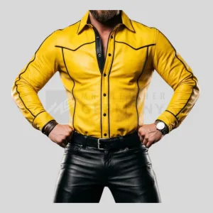 yellow leather shirt black piping germany