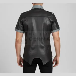 grey epaulette and pocket leather shirt detail
