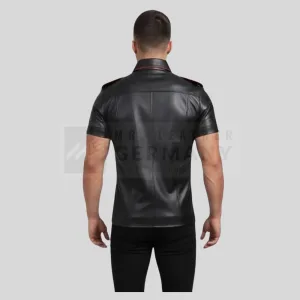 red piping and epaulette leather shirt detail