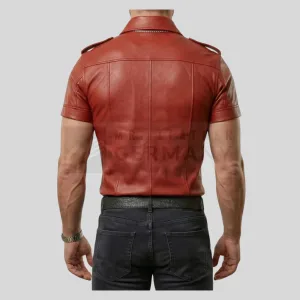 epaulette and snap button leather shirt detail