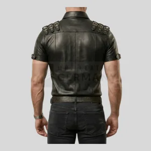 epaulet and snap button leather shirt detail