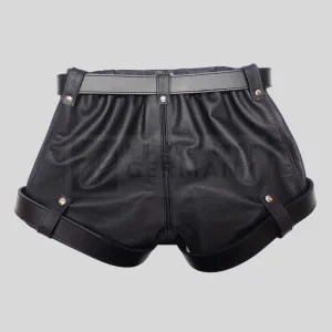 padlock and zip leather chastity shorts detail