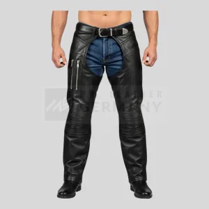 Handmade Black Leather Biker Chaps