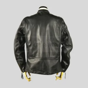 long cut leather jacket detail